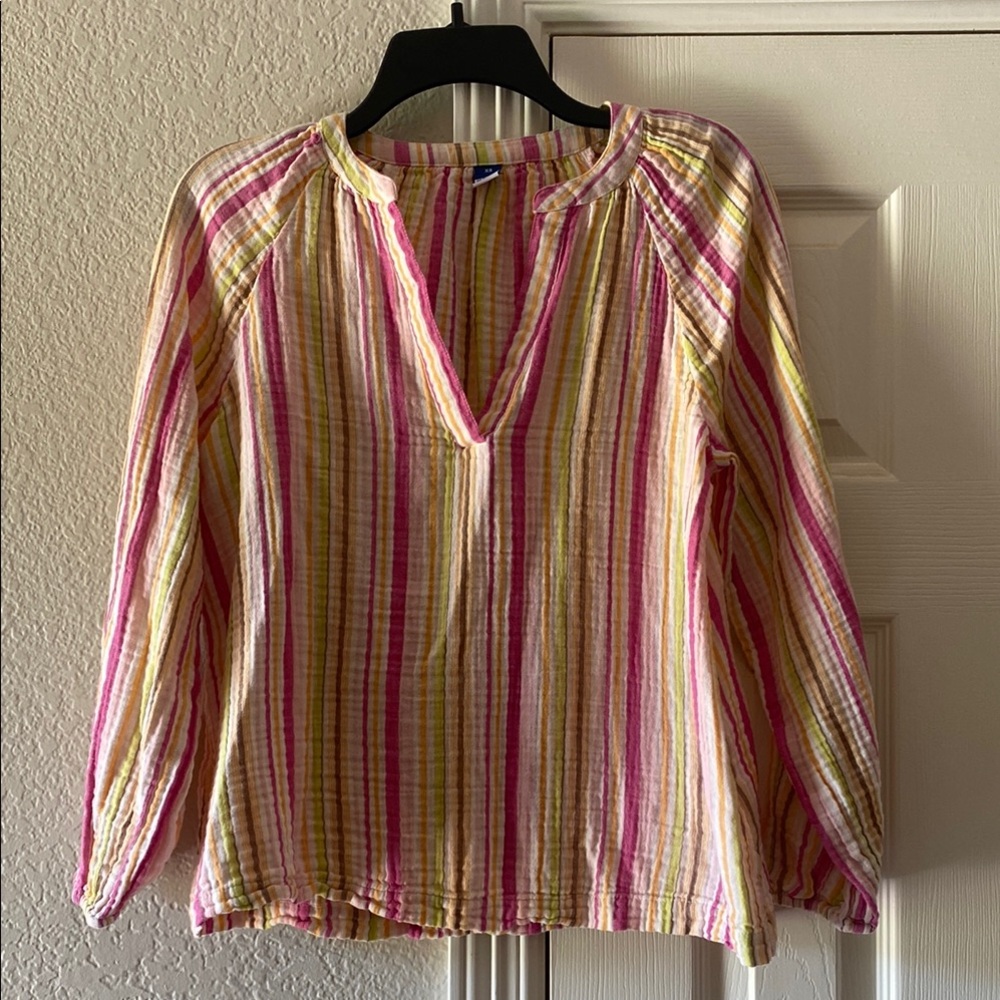 Old Navy Pink and Yellow Relaxed Blouse with Mandarin Collar